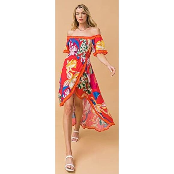 Jealous Tomato Off the Shoulder High Low Dress Multicolor Floral Print Medium - Picture 1 of 7